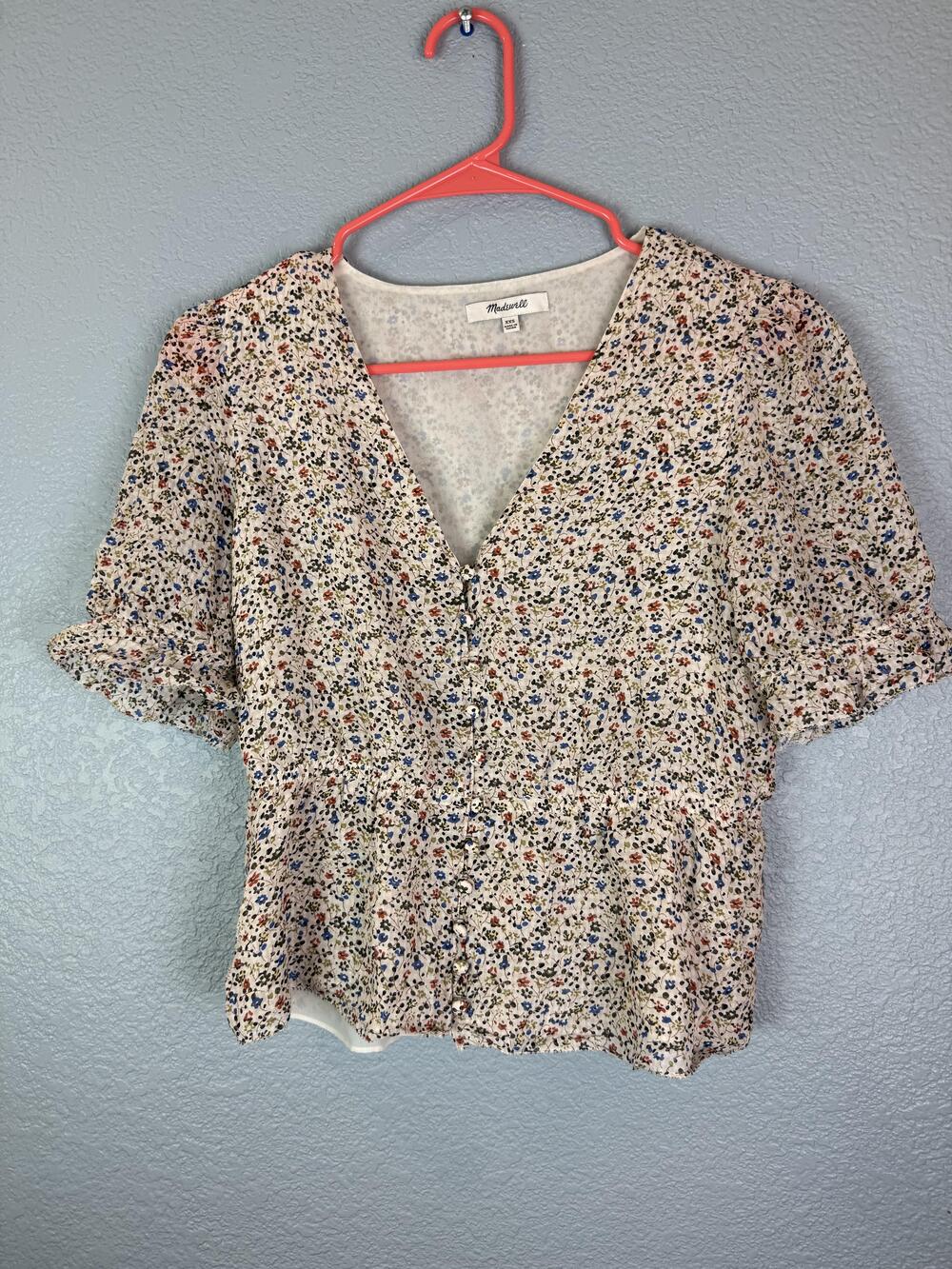 Madewell Blouse Womens XXS Cream Floral Button Down Short Sleeve Lined Top